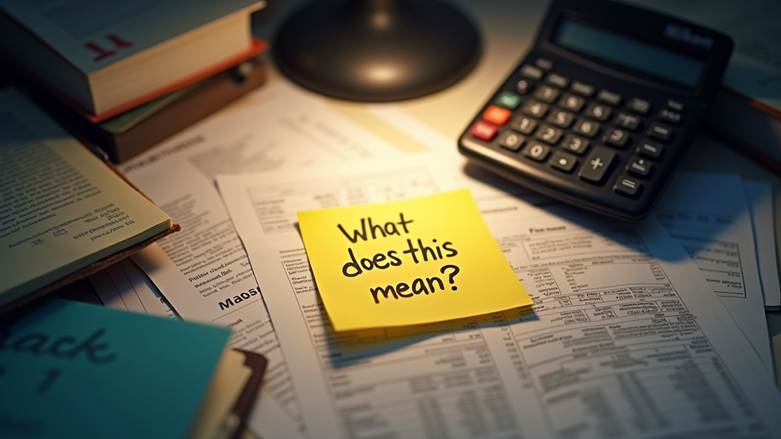 A flat lay of a cluttered desk filled with financial documents and a confused sticky note saying “What does this mean?”, dim evening light coming through a nearby lamp, along with an out-of-focused calculator on the desk shot with a Nikon D850, 35mm f/1.8 lens, warm shadows and paper texture detail. Make sure there is no spelling mistake in the sitcky note.