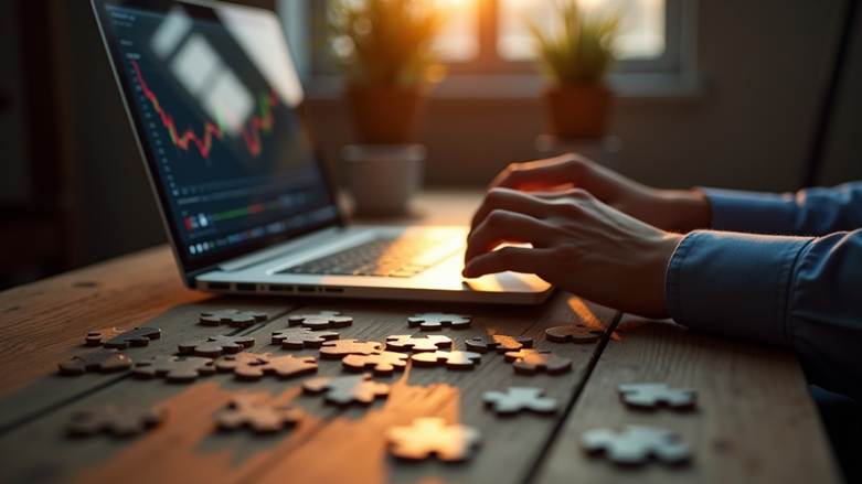 Person working on a laptop analyzing stock market charts, with scattered puzzle pieces on a wooden table, symbolizing solving investment challenges, warm sunlight in the background