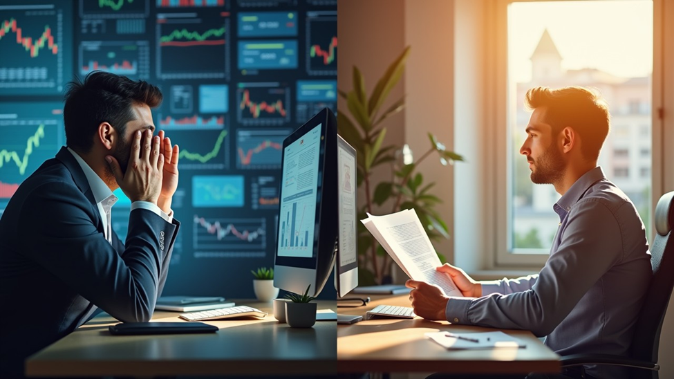 Split image showing a stressed investor reacting to market data on the left and a calm analyst reviewing financial newsletters on the right