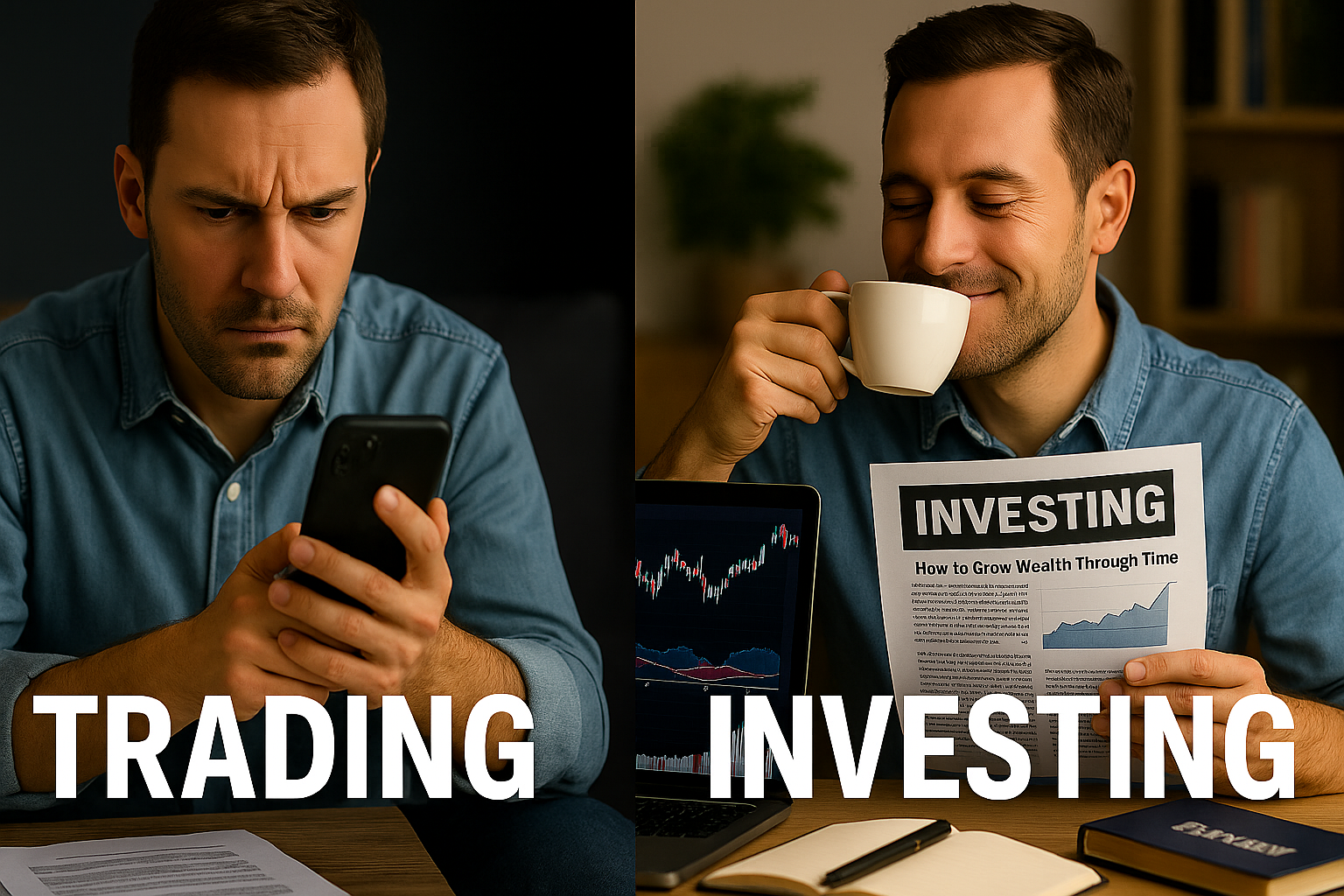 Split-screen image comparing trading stress with calm, long-term investing clarity.