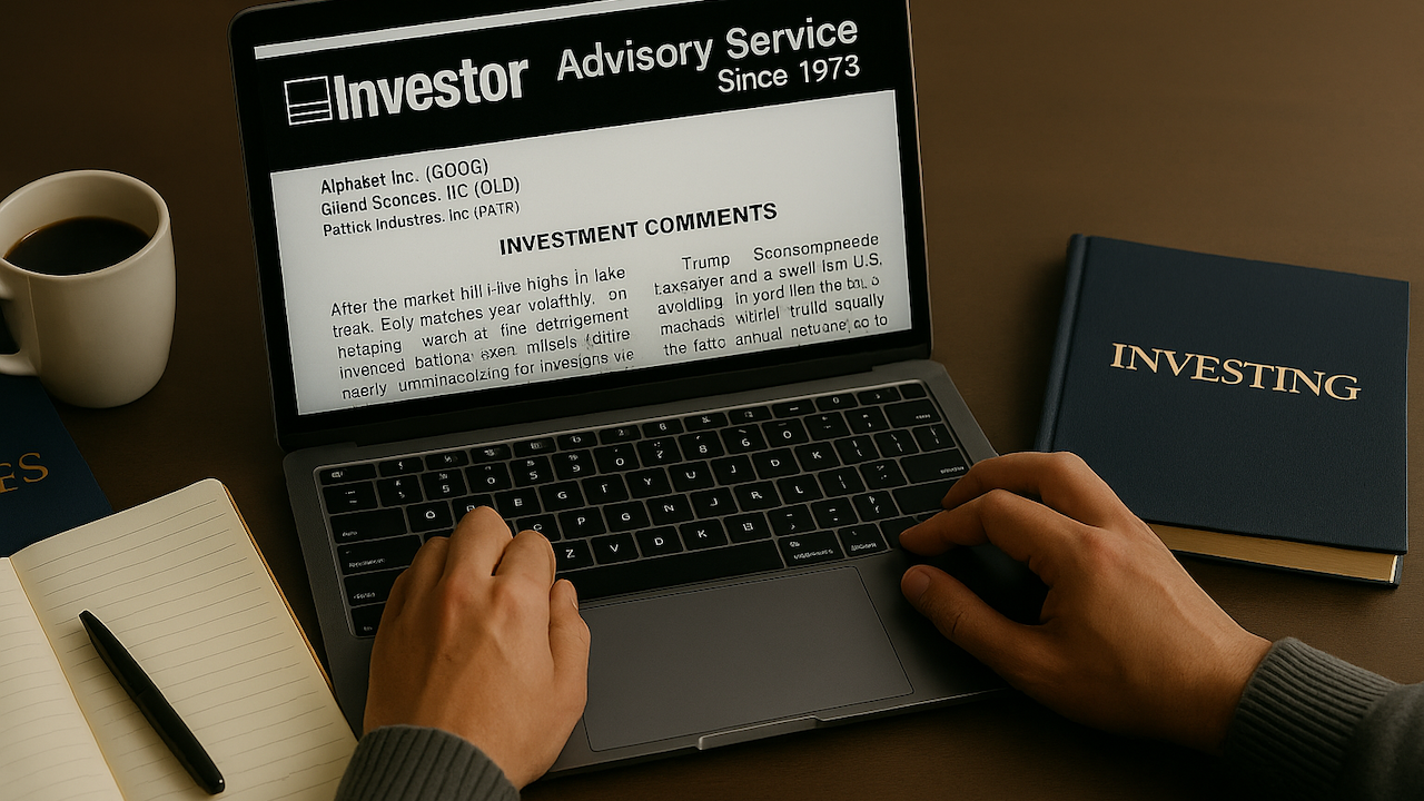 Investor reading digital investment newsletter on laptop with coffee, notebook, and investing books on desk – financial planning and stock market analysis concept