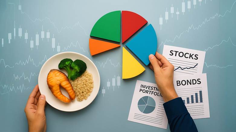 Balanced meal beside pie chart and investment documents illustrating diversified portfolio concept