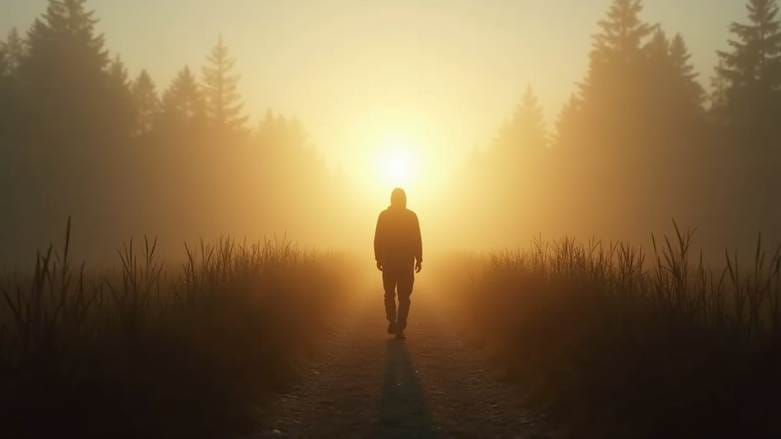 A person walking through thick morning fog toward a sunlit path, symbolizing the journey from financial confusion to clarity with the help of quality investment newsletters