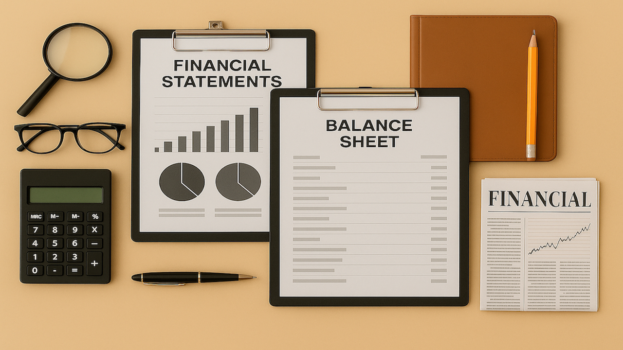 Flat lay of financial documents, calculator, balance sheet, and financial statements for investment analysis