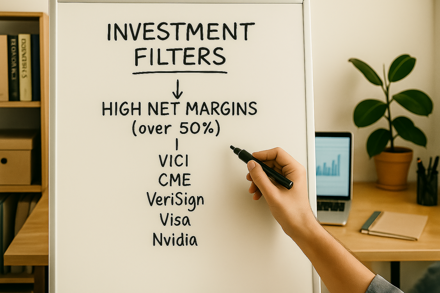 Whiteboard flowchart showing high-margin S&P 500 stocks in home office.