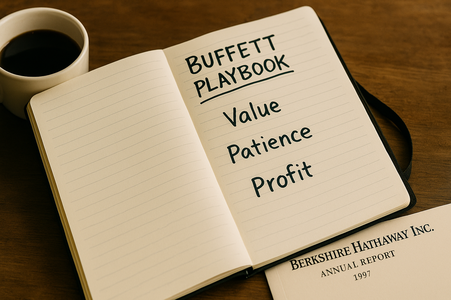 Open notebook titled “Buffett Playbook” with Value, Patience, Profit notes