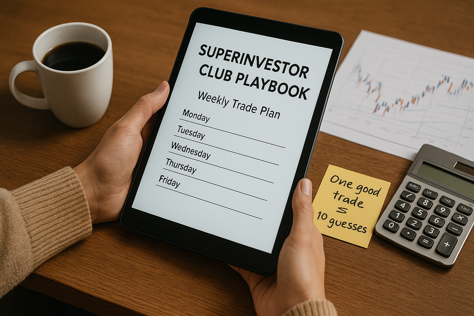 Investor reviews Super Investor Club Playbook weekly trade plan on tablet.