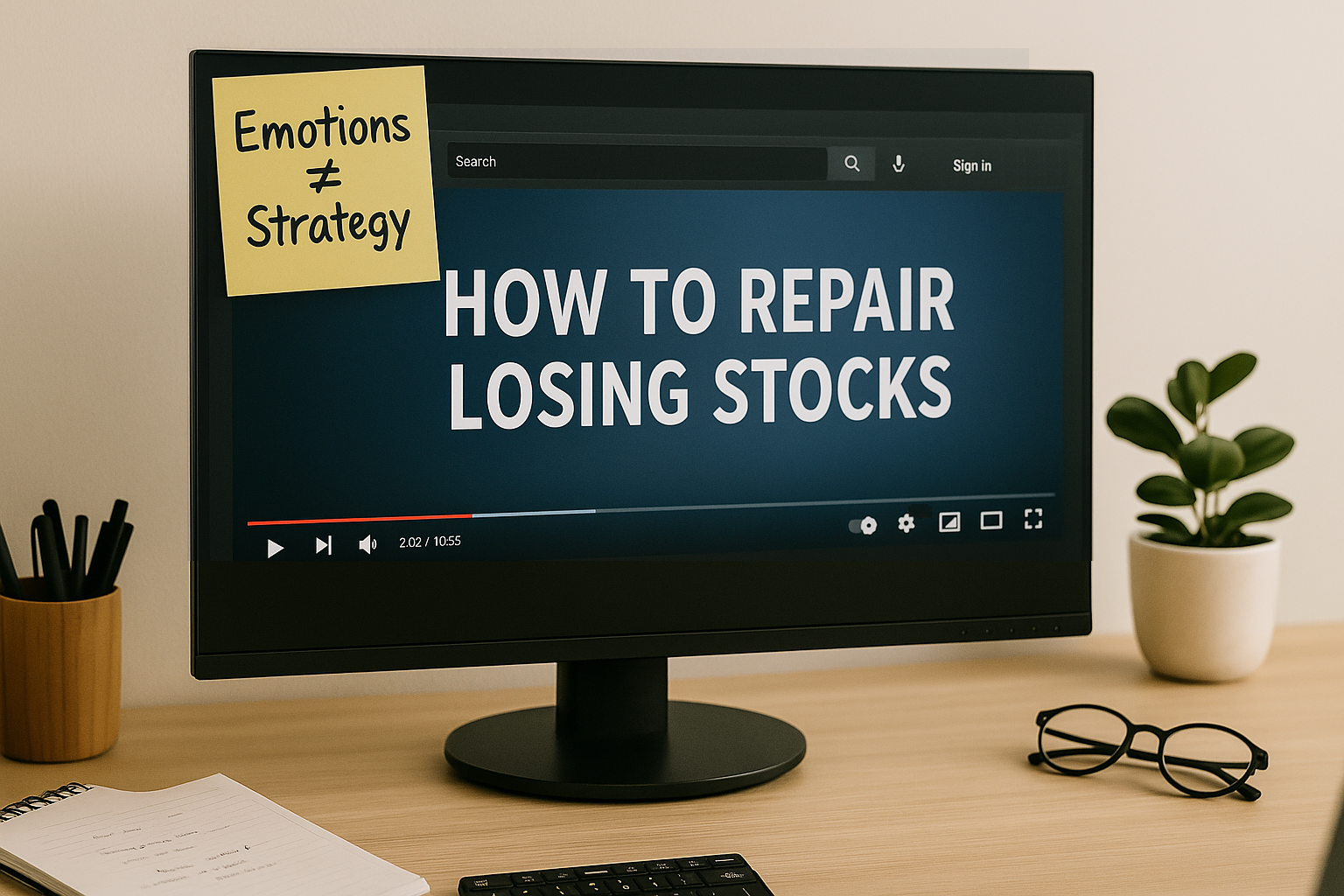 Sticky note reads “Emotions ≠ Strategy” beside “How to Repair Losing Stocks” video.