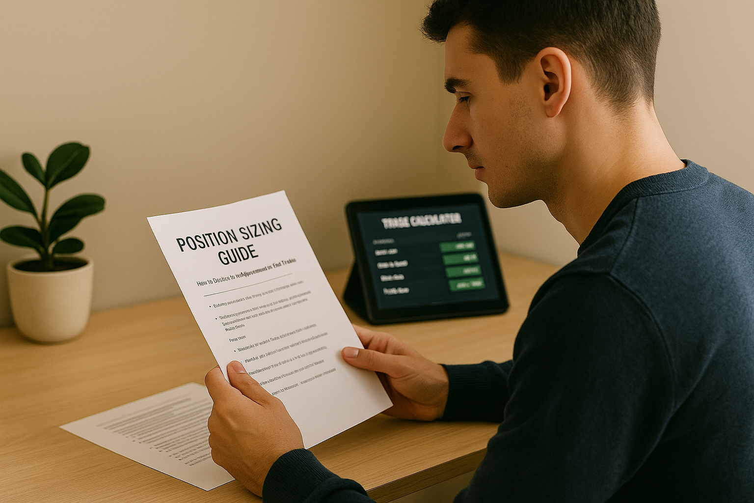 Investor reviewing “Position Sizing Guide” at desk with trade calculator tablet