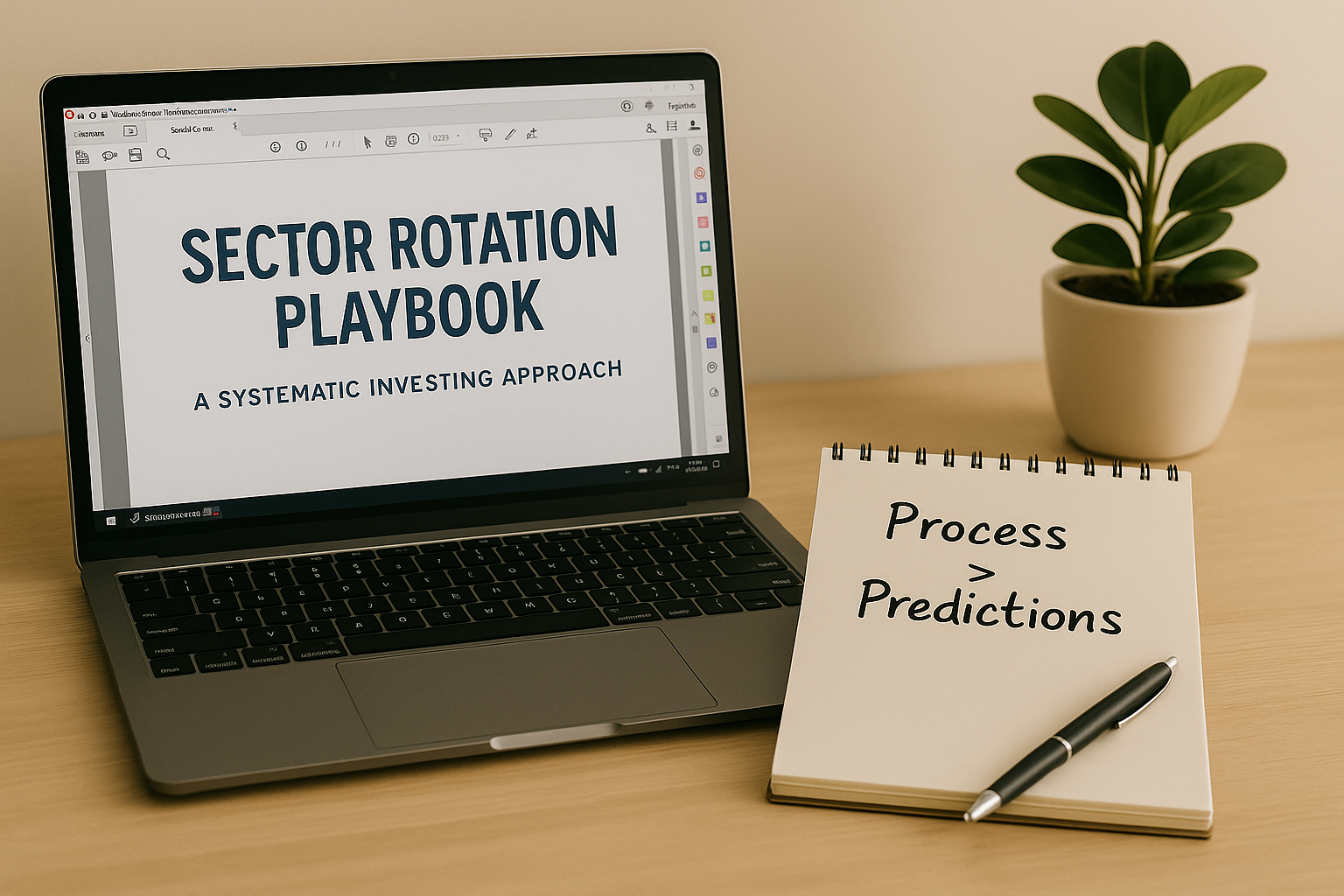 Open Sector Rotation Playbook and notepad with "Process > Predictions" on clean desk