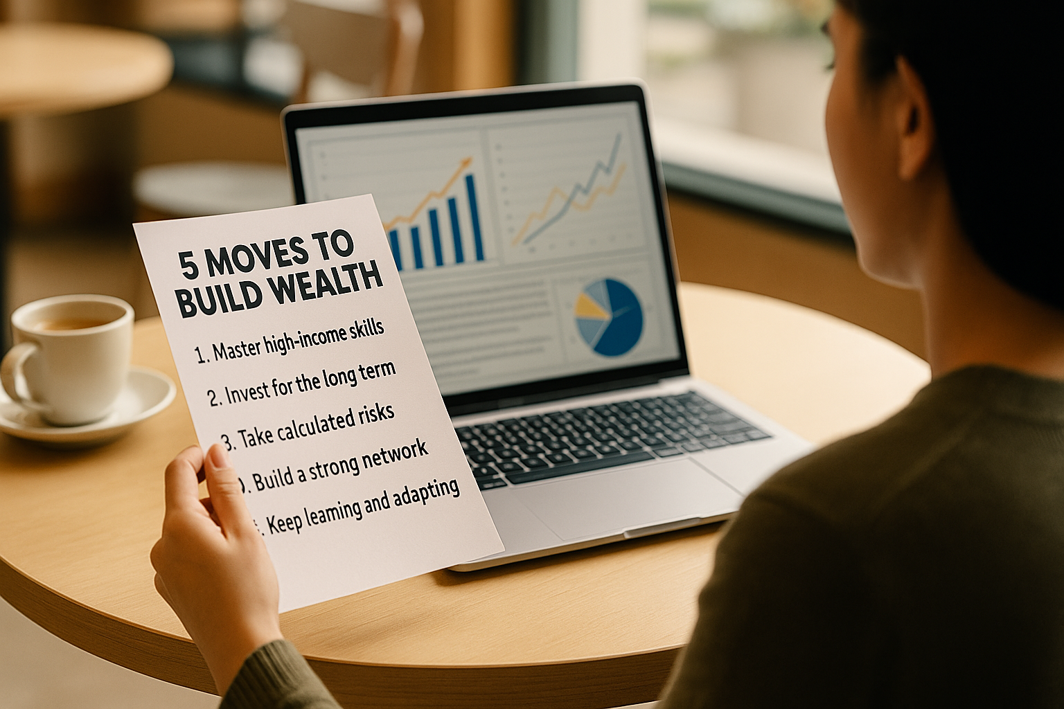 Woman reviews “5 Moves to Build Wealth” guide with financial charts.