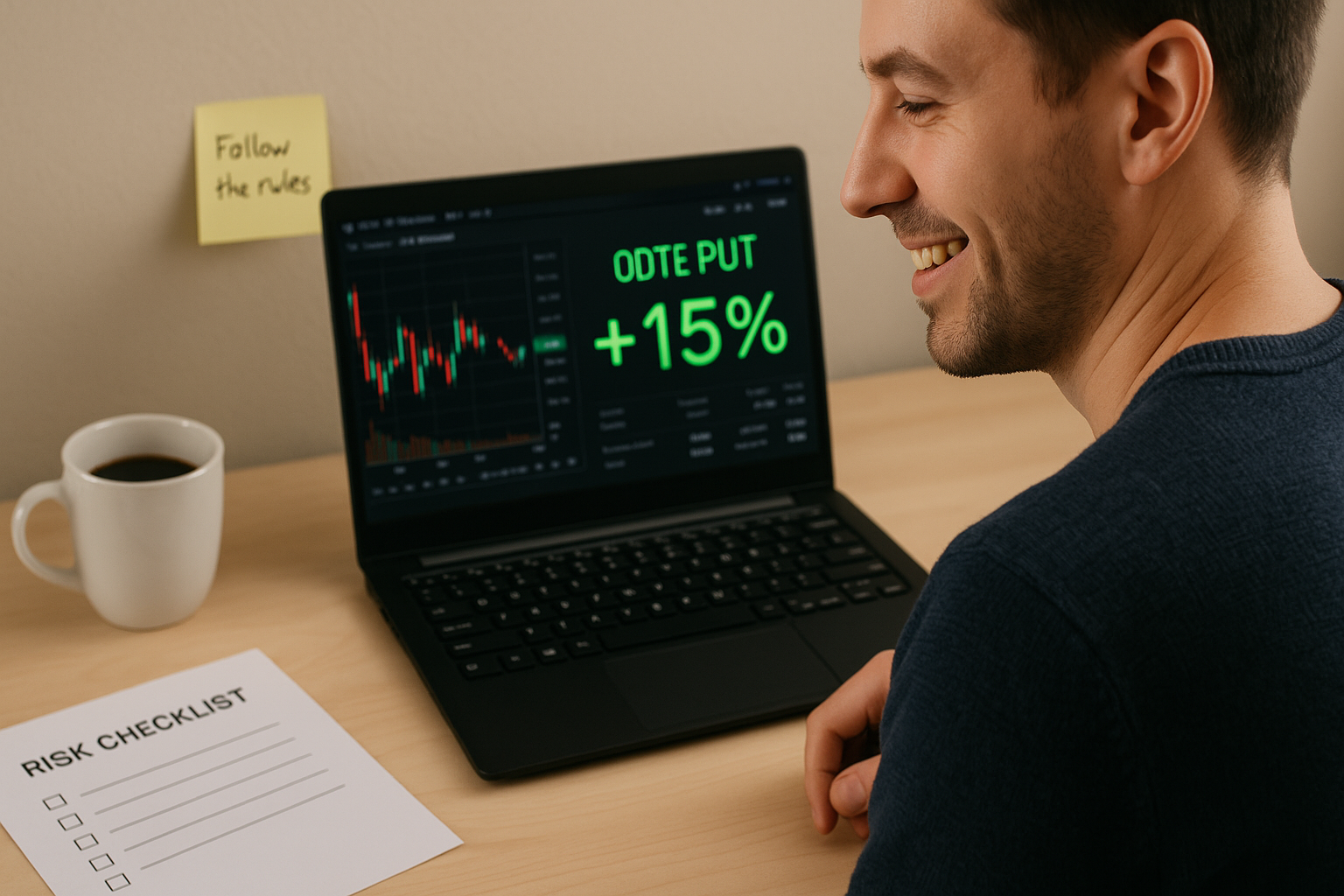 Trader smiles at 0DTE options gain on laptop screen.