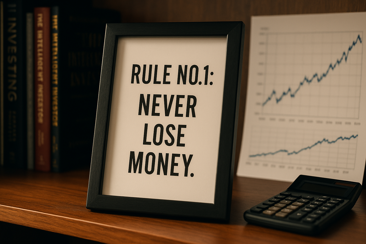 Framed quote “Never lose money” with investing books and charts