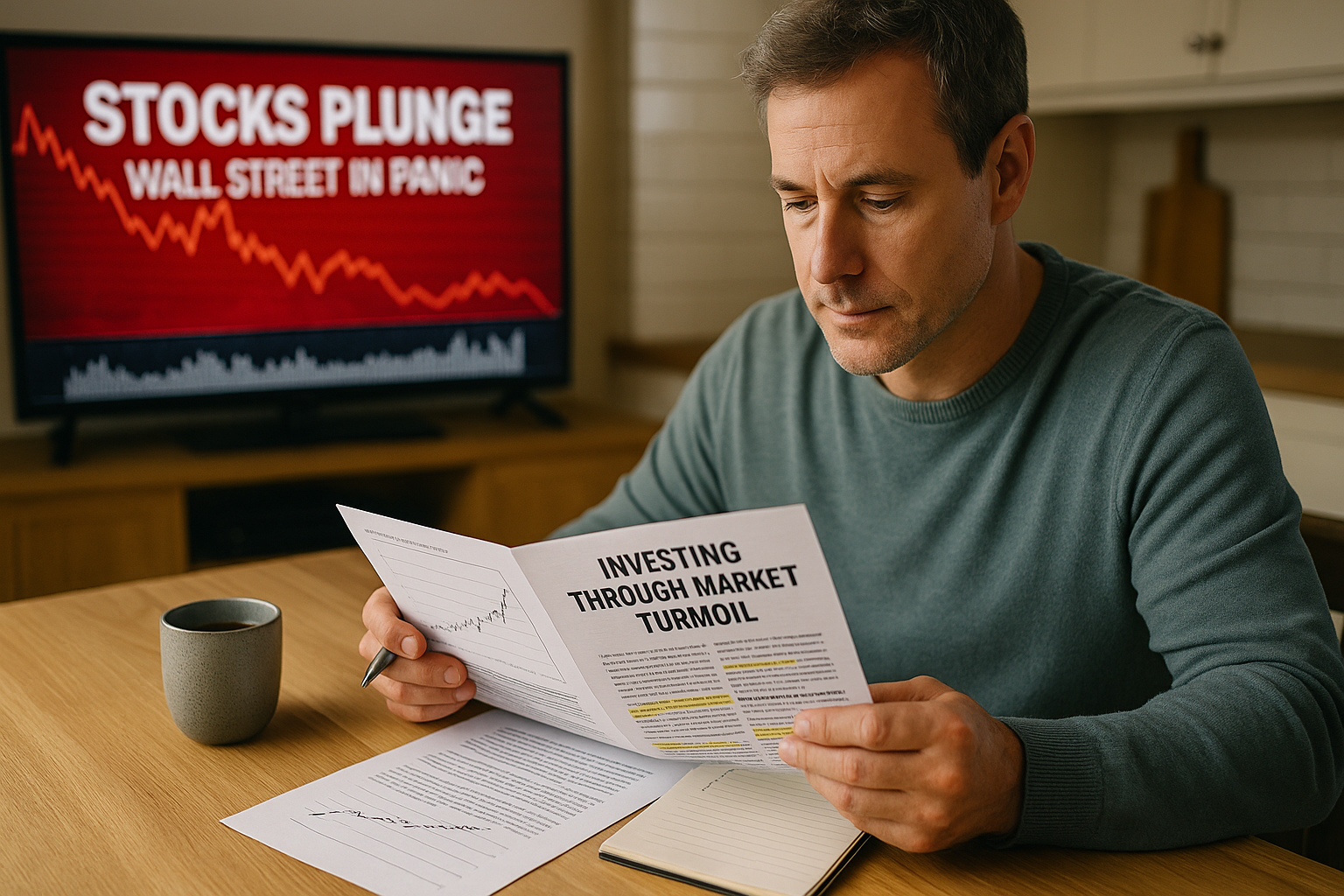 Man reads newsletter calmly as TV shows market crash alert.