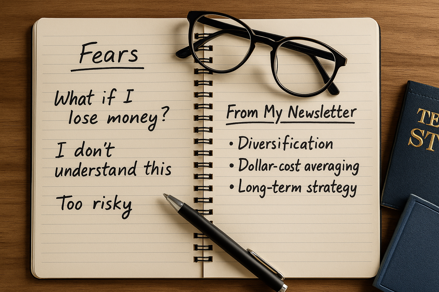 Notebook showing investing fears vs newsletter solutions with glasses and pen