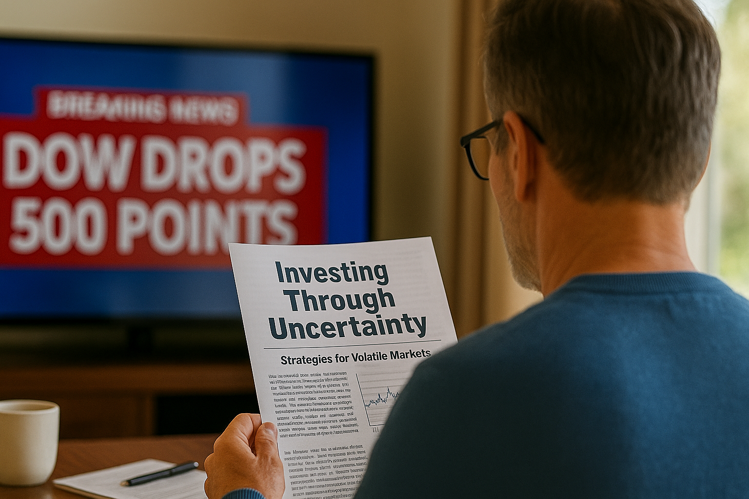 Man reading “Investing Through Uncertainty” newsletter as TV reports market drop.