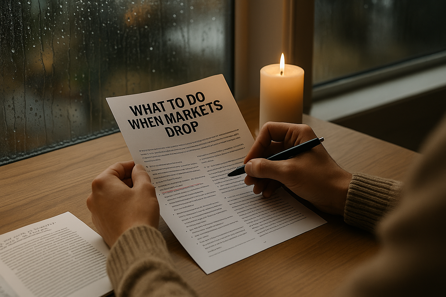 Person reviews investment plan indoors as rain falls outside the window.