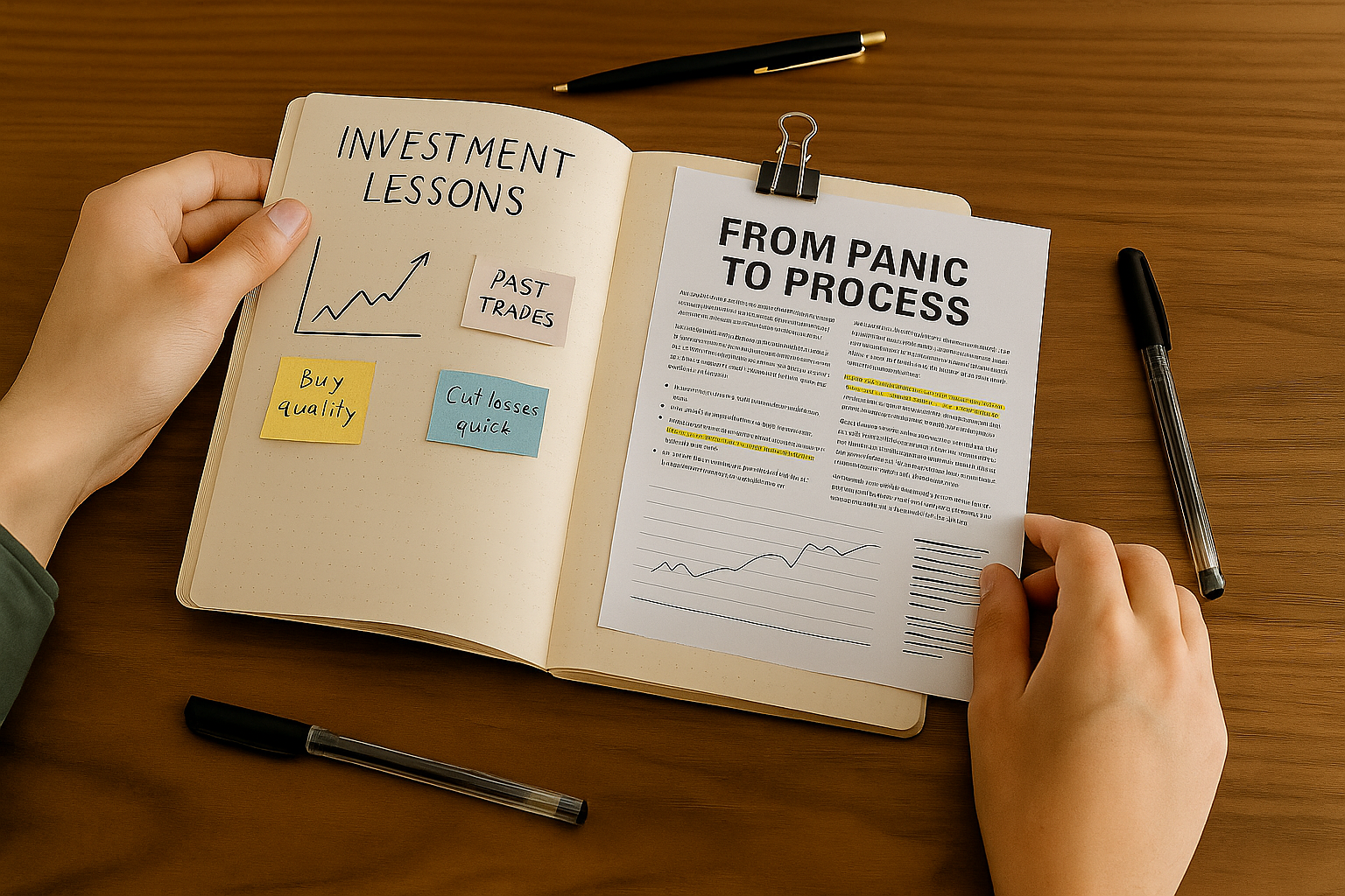 Person reviewing investment journal with annotated newsletter and trade notes.