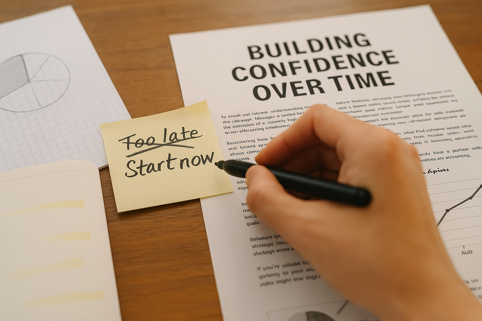 Hand edits sticky note from “Too late” to “Start now”