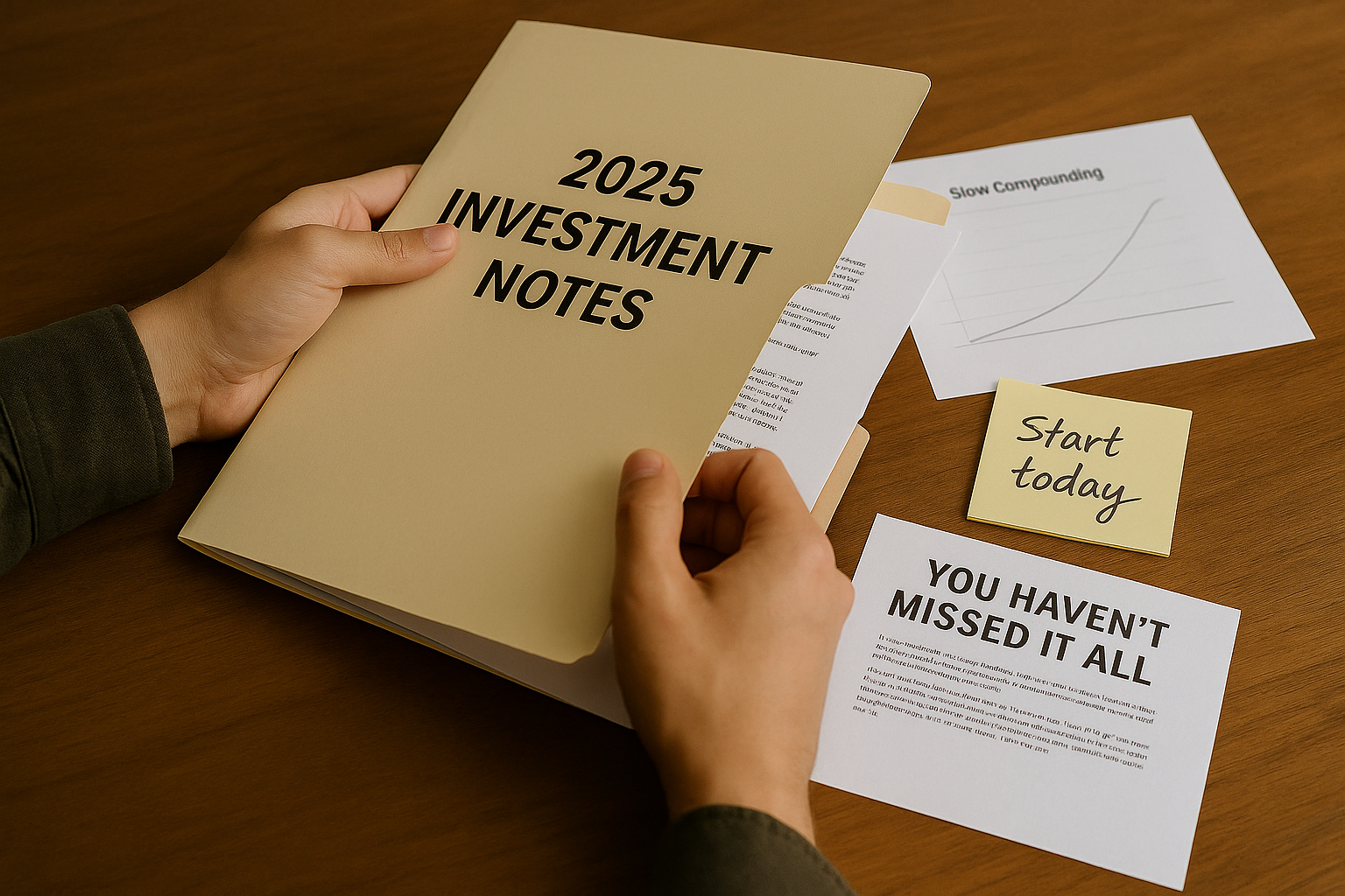 Person reviewing 2025 investment notes with a chart titled “Slow Compounding” and a sticky note reading “Start today” on a wooden desk.