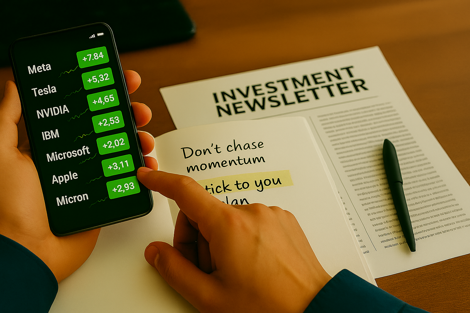 Investor checks stock gains on phone beside newsletter and handwritten investing reminder.