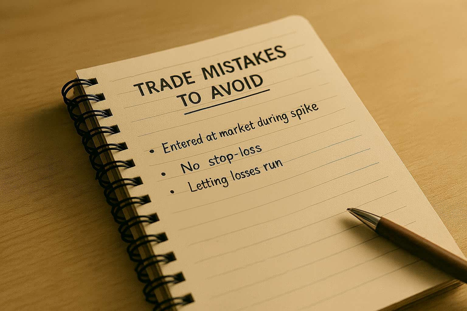 Open notebook titled Trade Mistakes to Avoid with handwritten investing errors in focus