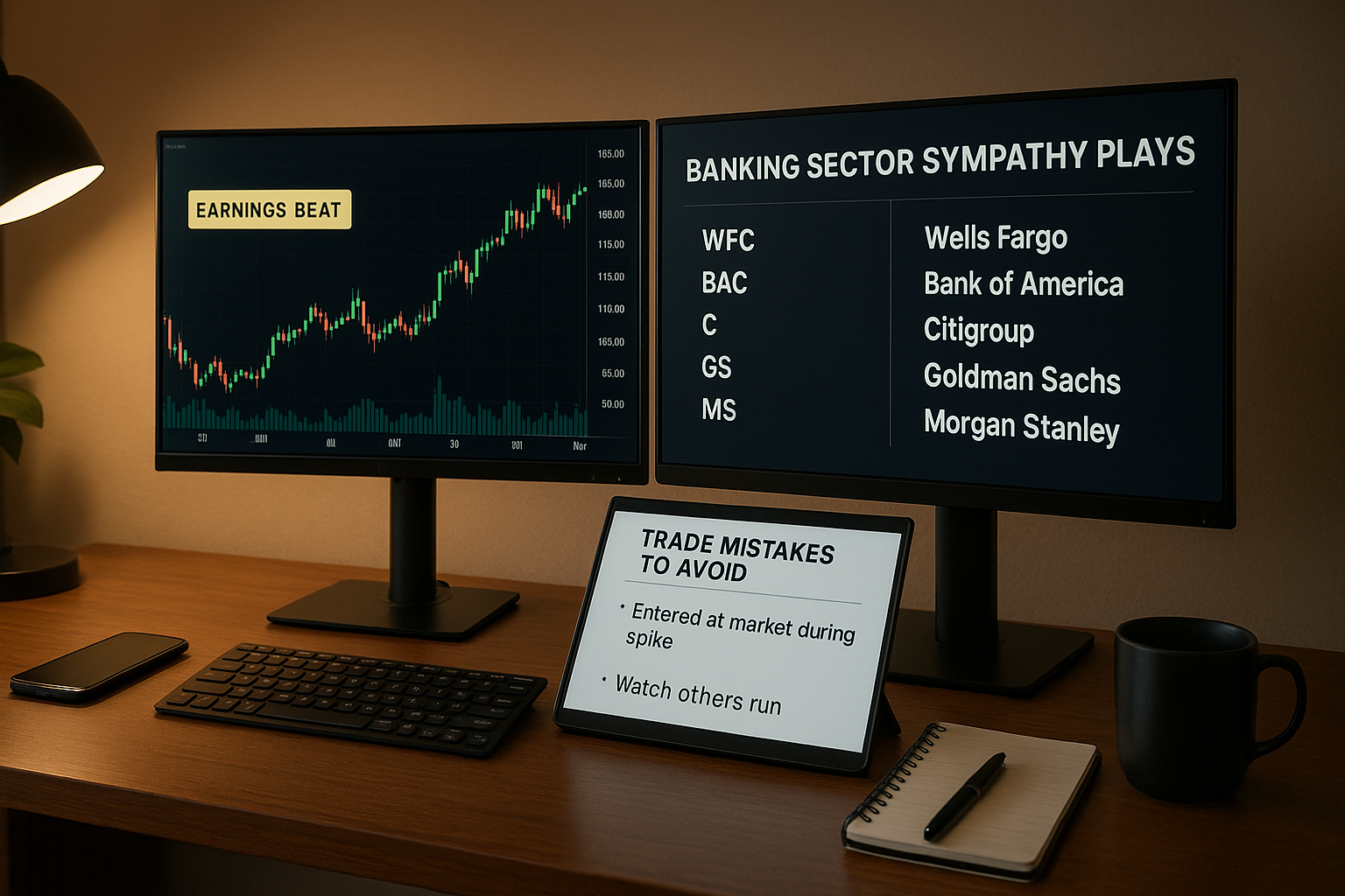 Dual-monitor trading desk showing JPMorgan earnings chart and sympathy trade watchlist.