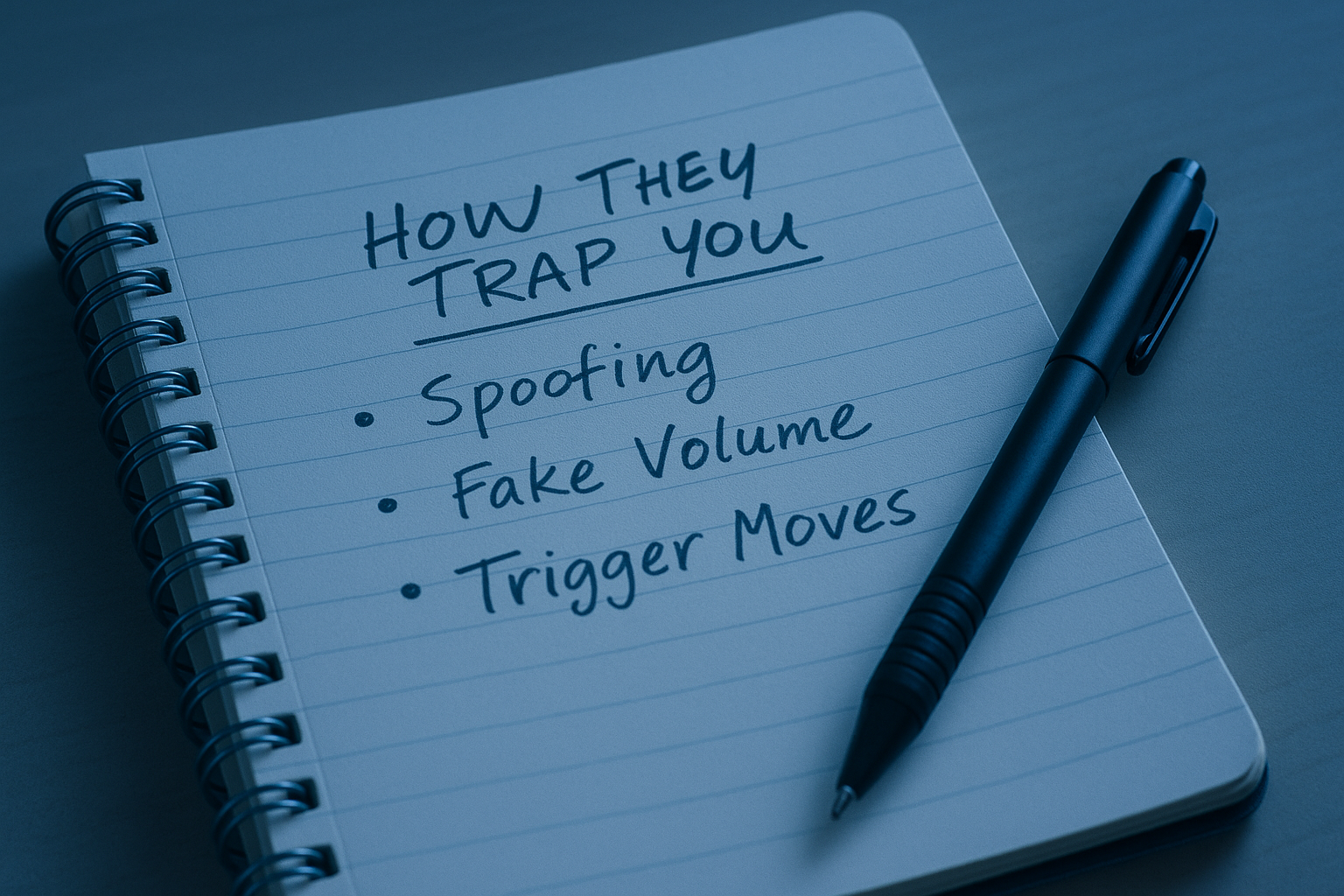 Notebook page titled “How They Trap You” listing spoofing, fake volume, trigger moves.