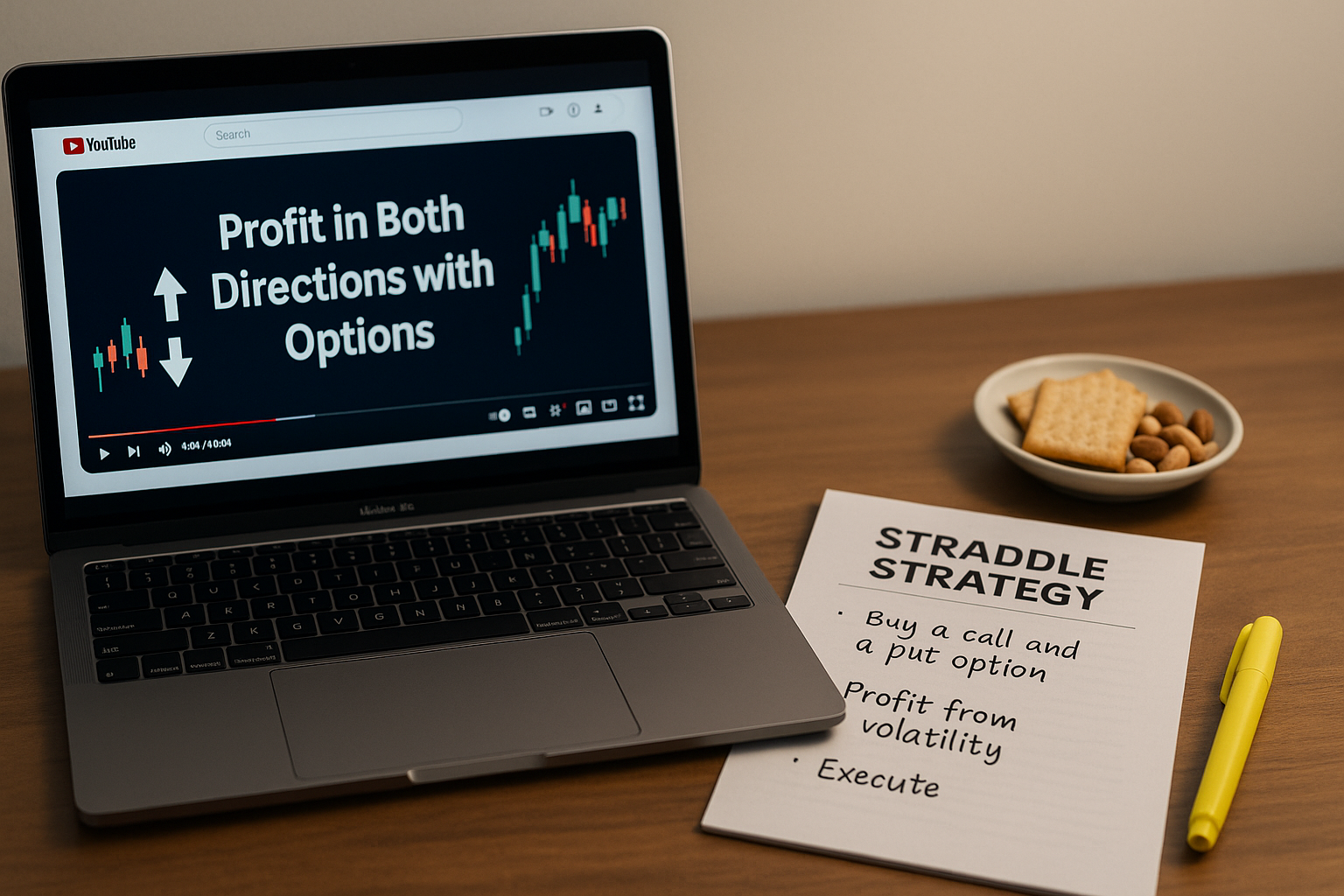 Workspace with straddle strategy notes and options trading video on laptop