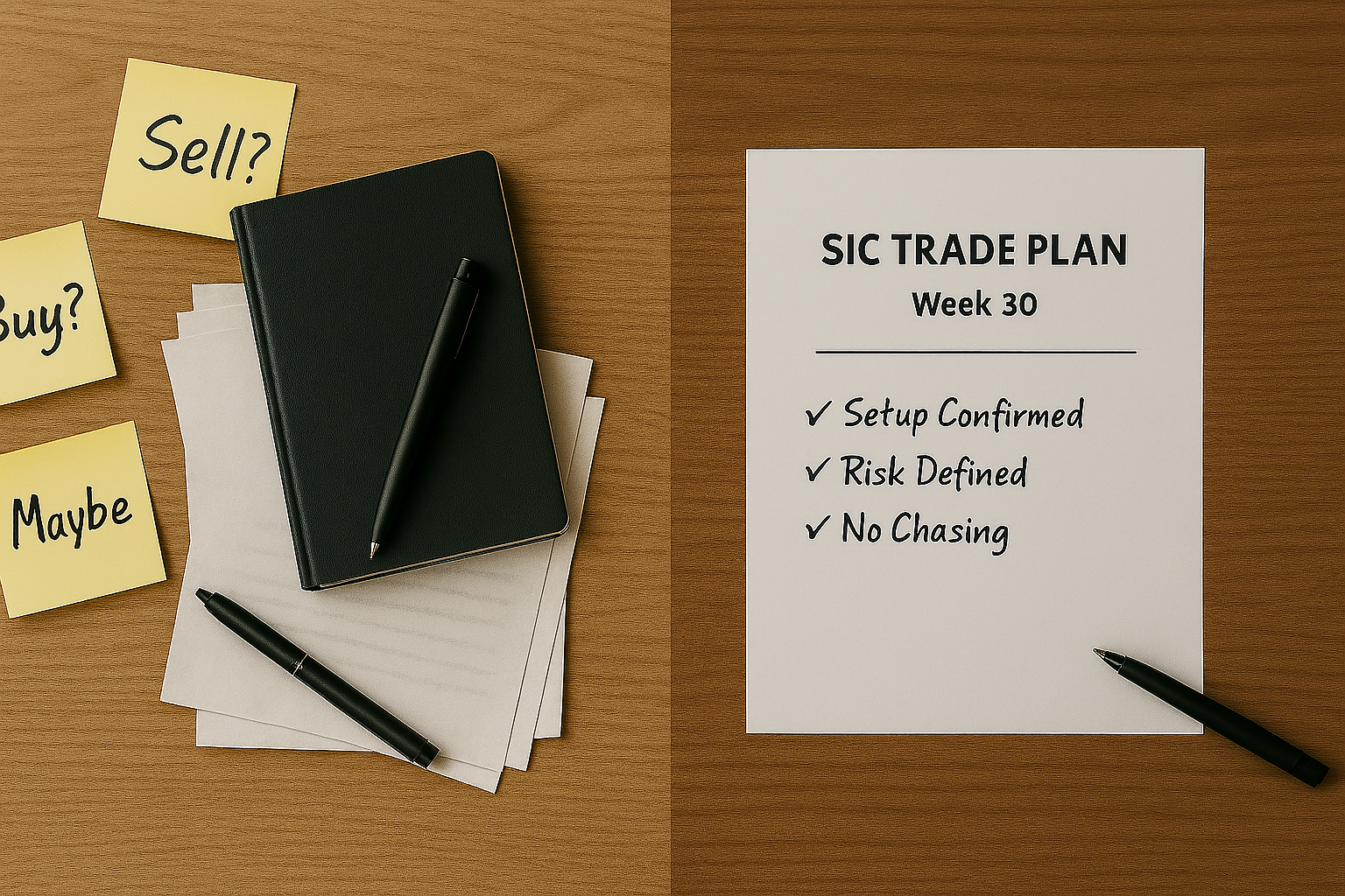 Trading desk comparison showing clutter vs. organized SIC trade plan strategy.