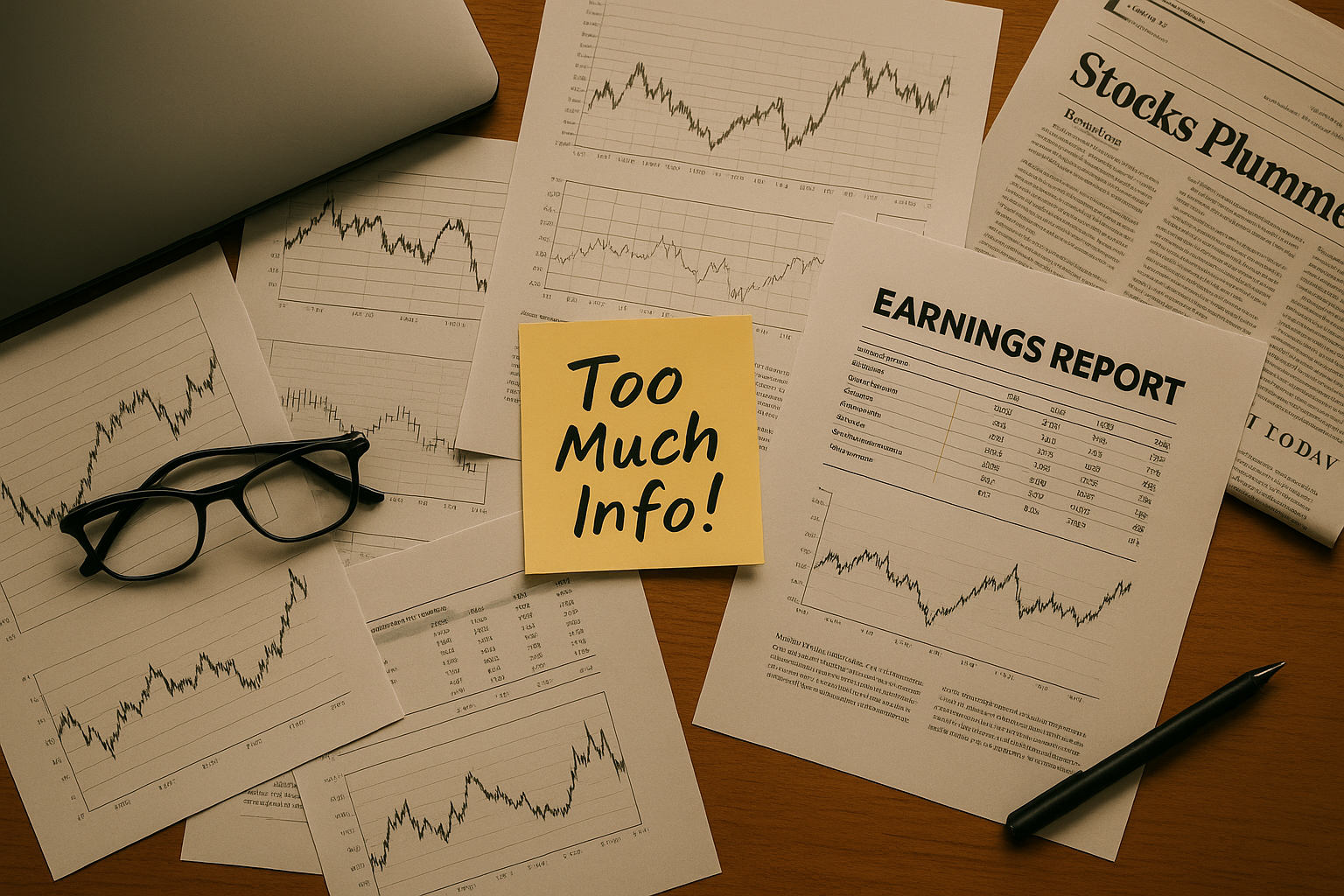 Cluttered desk with stock reports and sticky note reading “Too Much Info!”