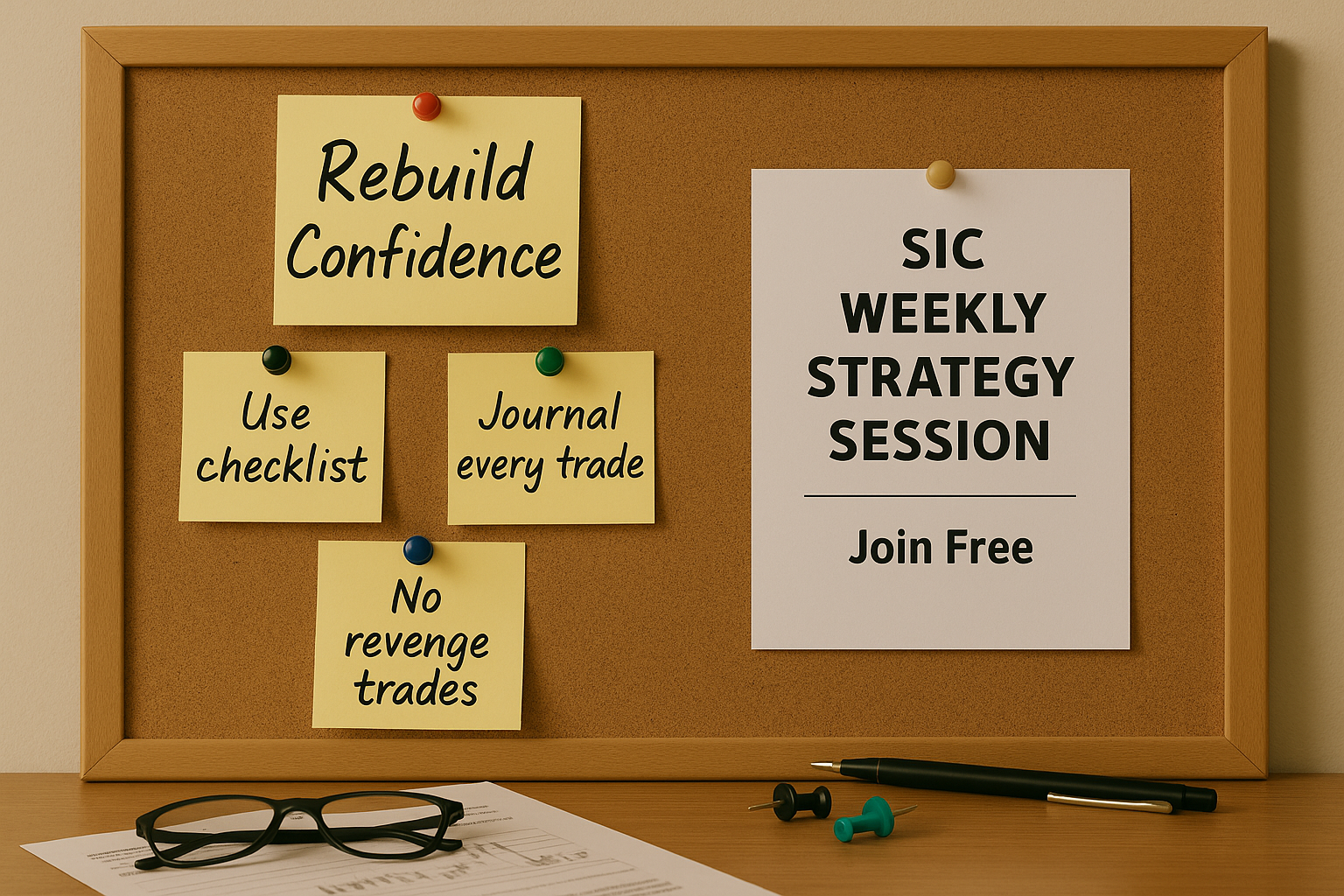 Bulletin board with notes on rebuilding trading confidence and free weekly strategy session flyer.