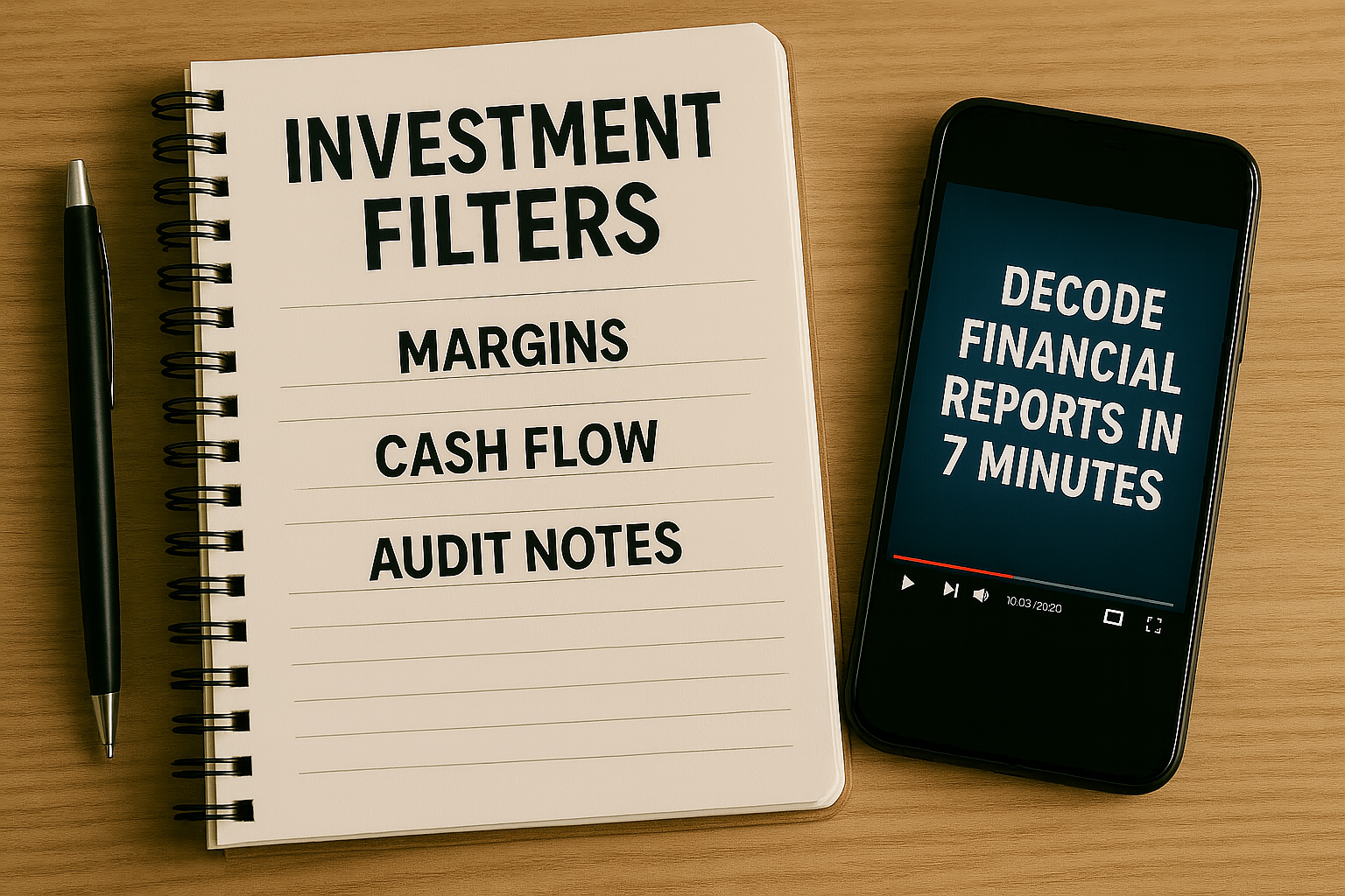 Spiral notebook titled “Investment Filters” with financial metrics and a paused video on decoding reports.