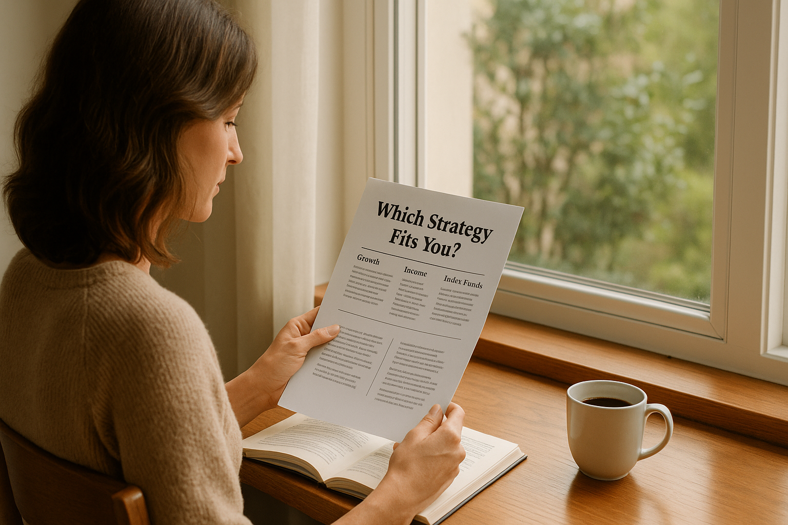 Woman reading investment newsletter titled "Which Strategy Fits You?" by a window with coffee.