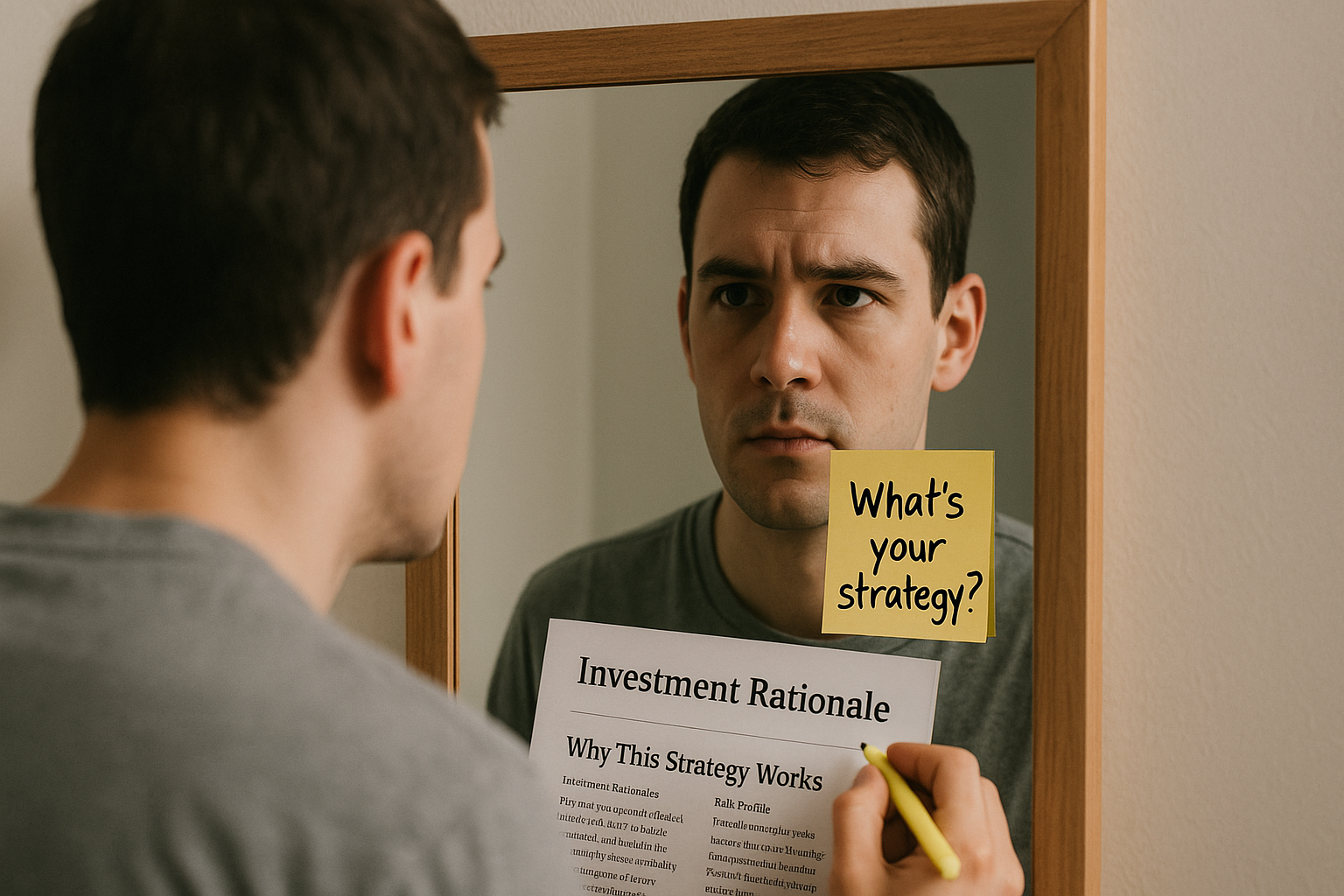 Man looking into mirror with sticky note asking “What’s your strategy?” while holding investment newsletter.