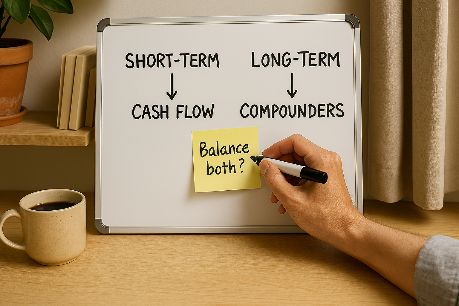 Hand writing “Balance both?” on a whiteboard showing short-term and long-term investment strategies.