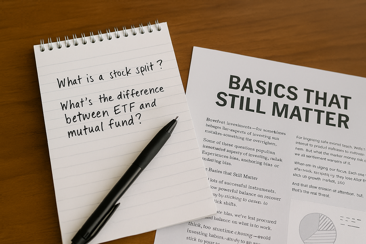 Close-up of handwritten investing questions and beginner-friendly financial newsletter on desk.