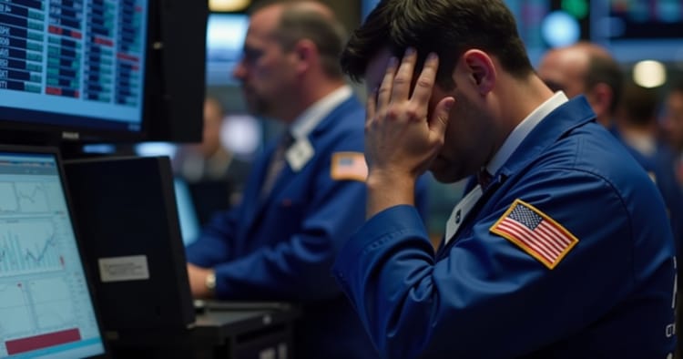 Stock trader in distress at trading floor during market downturn