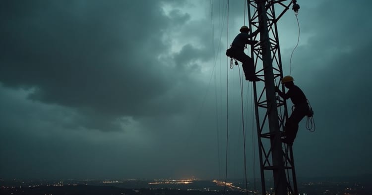 Utility workers climbing a telecommunications tower during stormy weather, highlighting energy infrastructure resilience and maintenance under extreme conditions