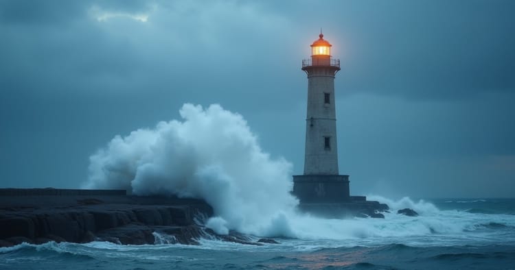 Powerful ocean waves crashing against a rocky shore with a tall lighthouse shining its light during a stormy evening under a moody blue sky