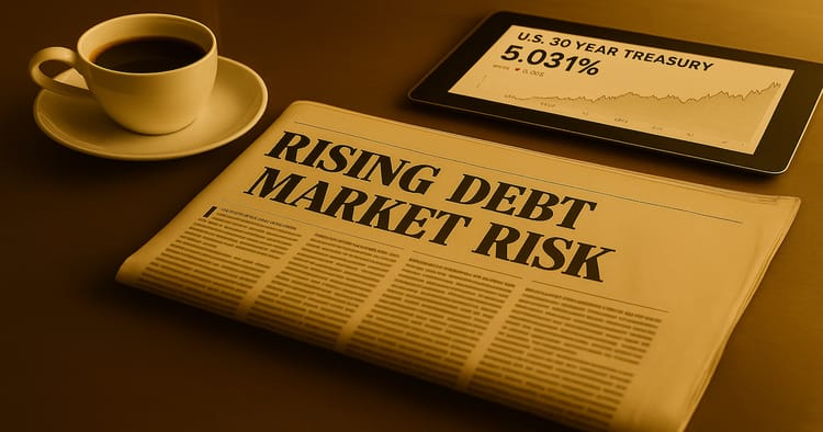 Newspaper with headline 'Rising Debt Market Risk' next to a cup of coffee and a tablet displaying U.S. 30 Year Treasury yield chart at 5.031% – financial news and market sentiment concept