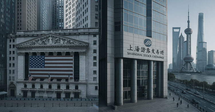 New York and Shanghai Stock Exchanges, global markets contrast, high-angle urban finance photo