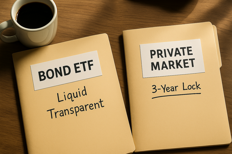 Comparison of Bond ETF and Private Market investment folders with coffee cup on desk