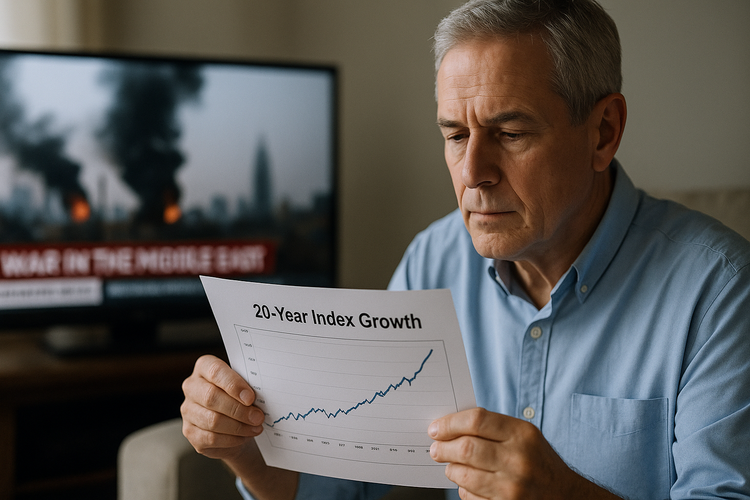 Older investor reviewing 20-year index growth chart with headlines on TV in background