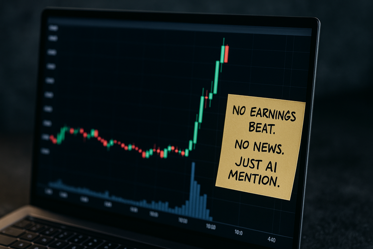 Stock chart spike on laptop with sticky note warning: "Just AI mention."