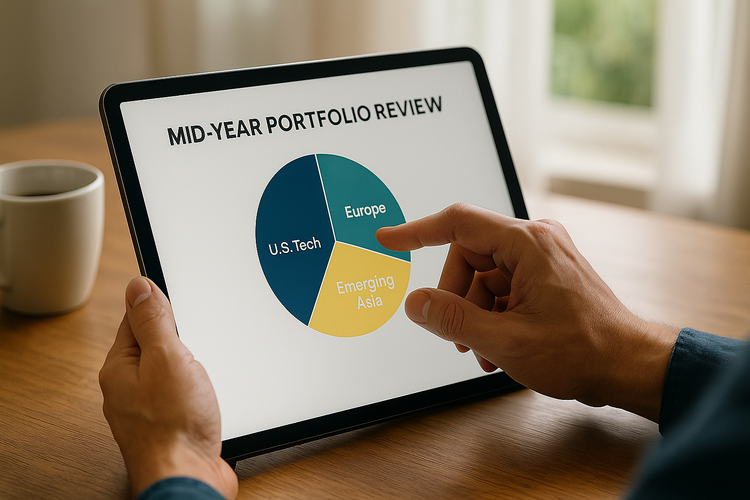Investor reviews mid-year portfolio on tablet with pie chart sectors: U.S. Tech, Europe, Emerging Asia.