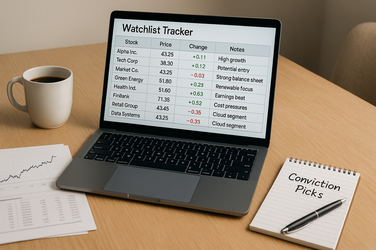 Investor workspace with laptop displaying stock watchlist tracker, financial reports, and notepad labeled Conviction Picks