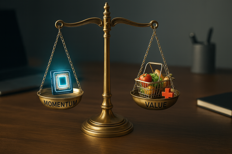 Balance scale showing momentum vs. value investing with tech chip and grocery basket.