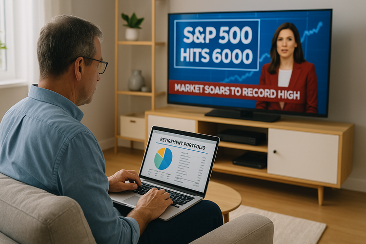 Man reviews retirement portfolio as news reports S&P 500 hitting 6000.