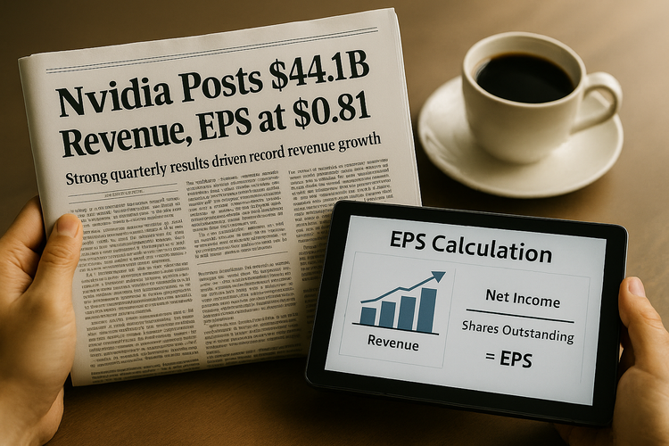 Nvidia earnings headline with EPS formula on tablet